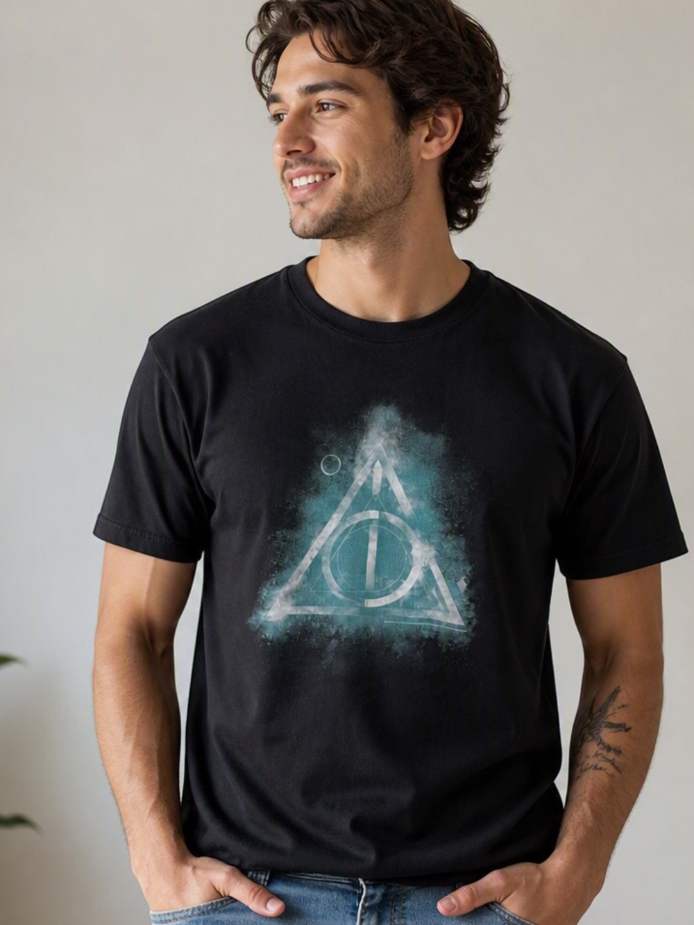 Harry Potter Deathly Hallows Geometric Tee | Port & Company Black T‑Shirt Sz. M